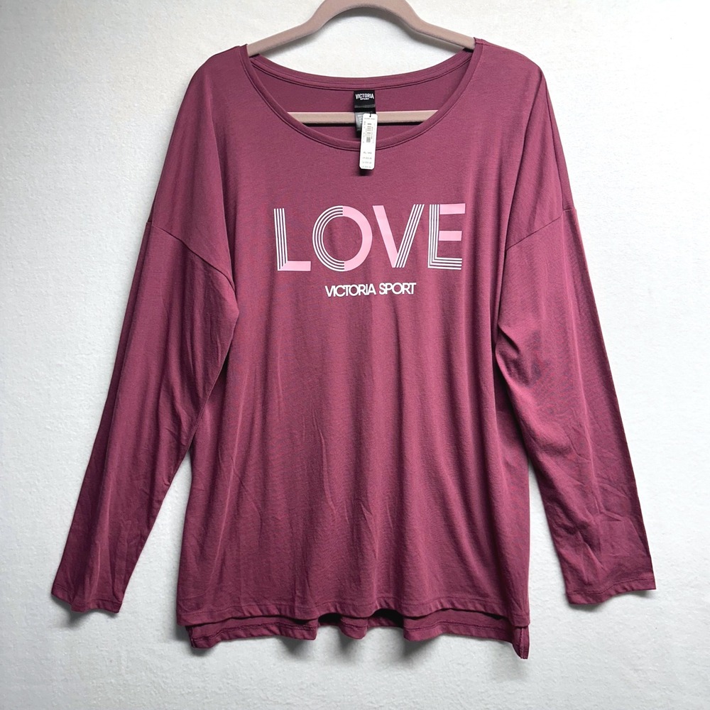 Victoria Secret Sport Top Tee Women XL Berry LOVE Long Sleeve Relaxed Side Slit